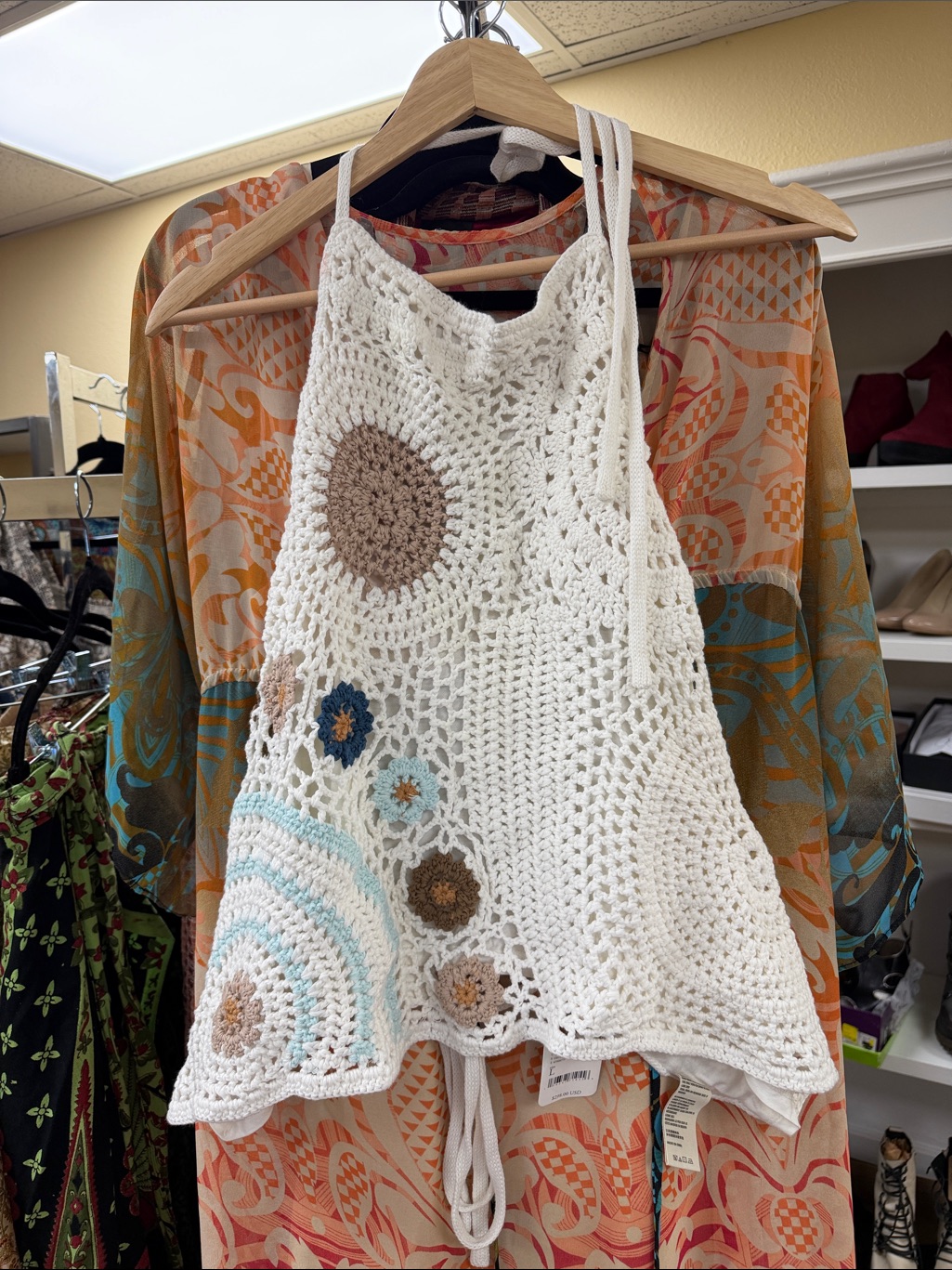 Free People White Crochet Tank Top With Blue And Brown Accents